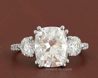 3.05 CTW Elongated Cushion Lab Grown Diamond Engagement Ring , White Gold Three Stone .