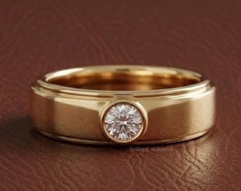 Round Cut Wedding Band, Single Stone Couple Wedding Band, 5.6 mm Lab Grown Diamond Band, Flush Setting, Unisex Diamond Ring, 14k Gold Ring
