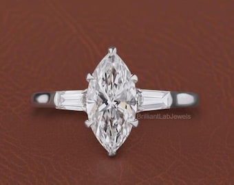1.00CT to 3.00CT Marquise Cut Lab Grown Diamond Three Stone Engagement Ring Side Tapered Baguette Diamond Ring For Her Trilogy Ring