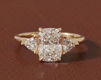 Elongated Cushion Cut Lab Grown Diamond Engagement Ring with Trillion Side Stones Three Stone Gold Ring 2 CT