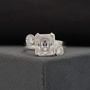2.50 CT Radiant Cut Lab Grown Diamond Ring, Bezel Set Engagement Ring, 14K Solid Gold Three Stone Ring, CVD Diamond Promise Ring For Her