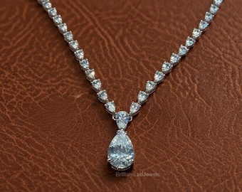 13.7 Carat Lab Grown Diamond Pear Tennis Necklace 18 inch 14K Solid Gold Diamond Necklace For women