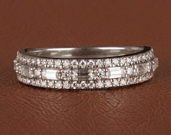 Baguette Diamond Wedding Band Half Eternity Band Unique Three Row Pave Band 14K Gold Lab Grown Diamond Women's Wedding Band Anniversary Gift