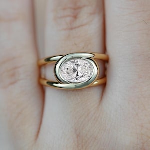 East West Set Solitaire Ring, Oval Cut Lab Grown Diamond Engagement Ring, 14K Gold Bridal Ring, Half Bezel Set Ring For Women, Gift For Her