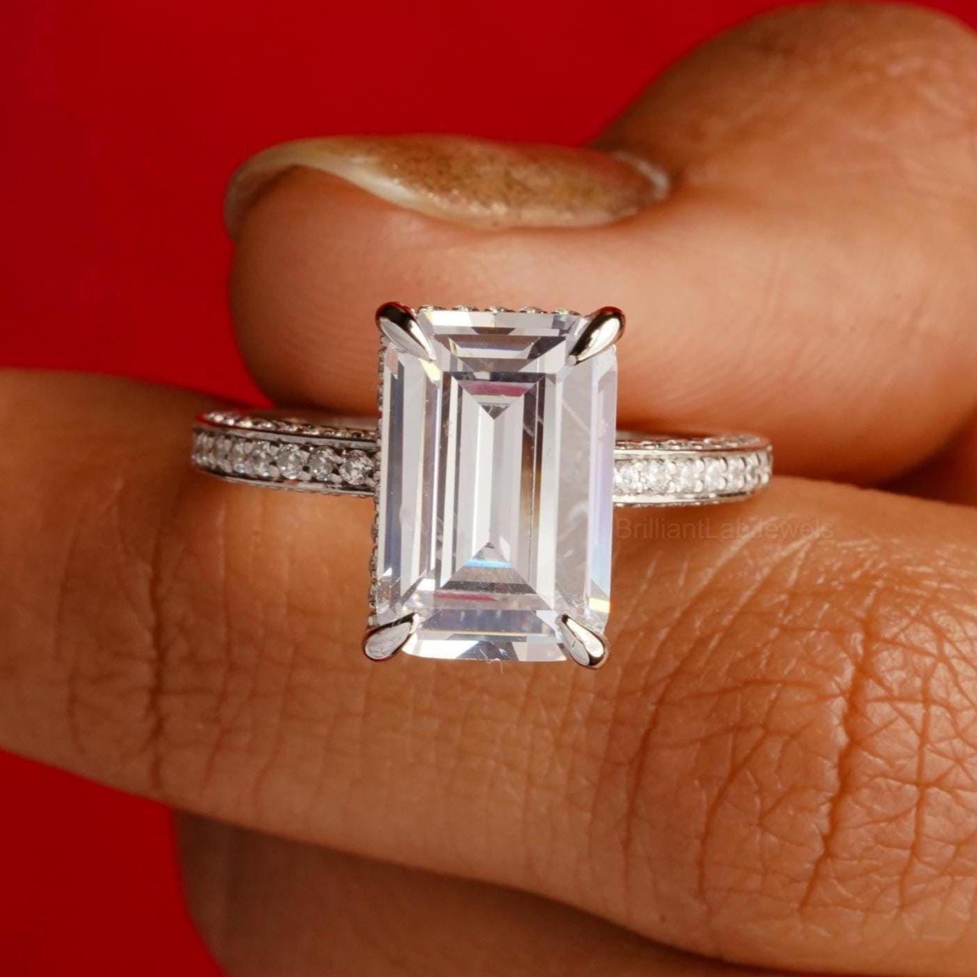 Emerald Cut Engagement Ring, Pave Half Eternity Band, Lab Grown