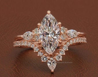 Vintage Look Lab Grown Diamond Bridal Set, Marquise Cut Diamond with Pear and Round Diamond Matching Band for Her, Wedding Set for Women