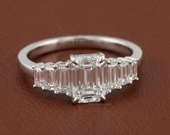 2.00 CTW Emerald Cut Lab Diamond Ring CVD Diamond Proposal Ring, Seven Stone Ring For Women, Birthday Gift For Her