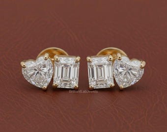 Toi Et Moi Earrings, Emerald and Heart Lab Diamond Stud Earrings, 1.90 TCW Conflict Free Earrings, Two Stone Wedding Earrings, Birthday Gift