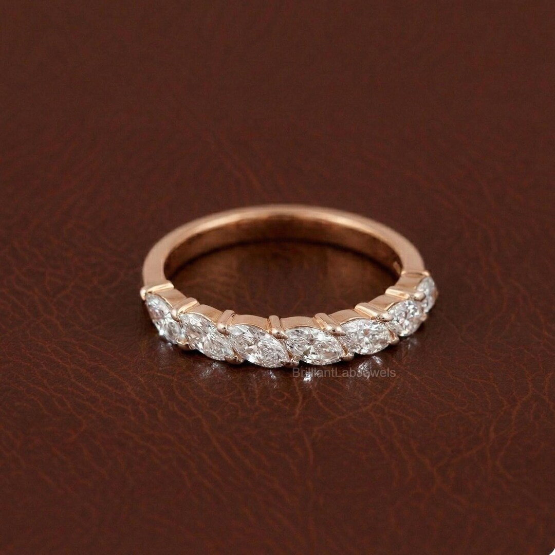 Marquise Cut Lab Grown Diamond Wedding Band, 14K Gold Anniversary Band ...