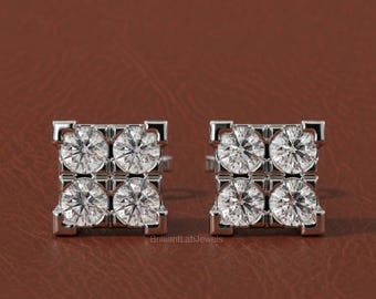 Lab Grown Diamond Stud Earrings , Square Shape Stud Earrings for Her in White Gold , Cluster Round cut Diamond Stud Earring , wedding gift