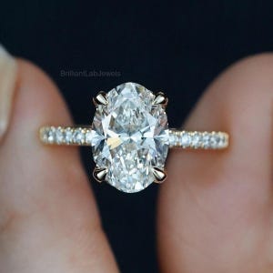Oval Cut Lab Grown Diamond Proposal Ring, Wedding Ring, Solitaire With Accent Engagement Ring For Her, Handmade Jewelry For Anniversary Gift