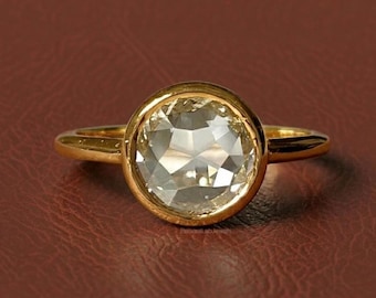 Rose Cut Diamond Ring In Bezel Setting, 1.50 CT Lab Grown Diamond Engagement Ring, Yellow Gold Ring For Women, Wedding Ring For Her