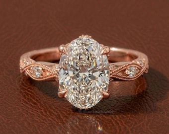 Oval Lab Grown Diamond Engagement Ring, Vintage Rings for Women Set In Floral Petal Basket, Engraved Filigree and Milgrain Proposal Ring