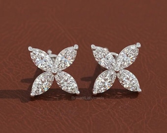 0.53 CTW Marquise Cut Lab Grown Diamond Wedding Earrings, Floral Style Earrings ,Solid Gold Screw Back Earring