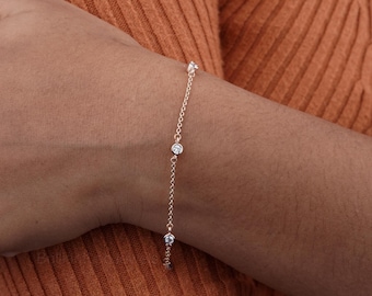 Round Cut Lab Diamond By The Yard Bracelet, 14K White Gold Bracelet, Station Style Bezel Set Diamond Bracelet, Daily Wear Chain Bracelet