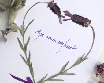 Lavender Card, Pressed Flowers Cards, Love Card, You Are In My Heart Romance Card