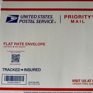 May include: White Priority Mail flat rate envelope with the United States Postal Service logo and the text "FLAT RATE ENVELOPE" and "ONE RATE ANY WEIGHT". The envelope is tracked and insured. The tracking number is PS00001000014. The envelope is 12 1/2 inches by 9 1/2 inches.