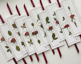 Rose Bookmarks, laminated pressed flower bookmarks, rose and gardener lovers bookmarks with gold heart and wine ribbon, stocking stuffers