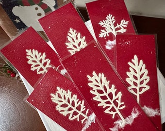 Christmas Bookmarks, Pressed Leaves Bookmark Set, Silver Tree On Cranberry Paper, Laminated Bookmarks For Him Or Her
