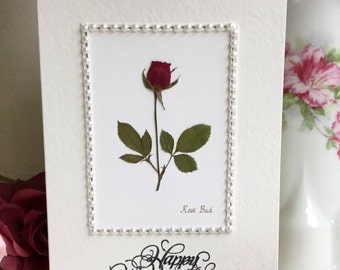 Pressed Rose Flower Wedding Card, Framed with Pearls