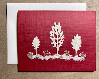 Silver Christmas Tree Card, Dried Pressed Leaves, Christmas Card, Cranberry Note Card