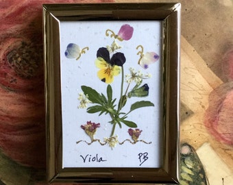 Mixed Media Collage - pansies, pressed flowers framed, pansy picture, desk top picture, miniature collectible art, gift for her,