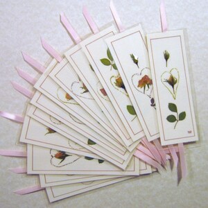 Pressed Flowers - Pink Rose Bookmarks, Book Accessory the  Bookmarks With Gold Heart and Pink Ribbon, Small Gift For Her or Book Lovers