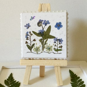 Peut inclure: Une petite toile blanche avec un arrangement de fleurs séchées comprenant des fleurs bleues de myosotis, des feuilles vertes et des fleurs blanches. La toile est sur un petit chevalet en bois.