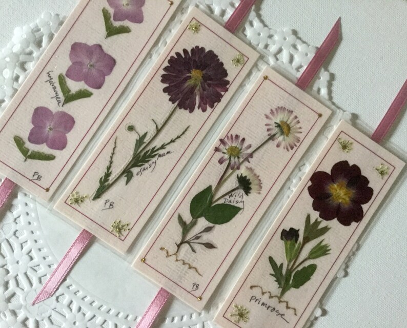 Floral Art Bookmarks Set of 4 Pressed Flower Bookmarks Pink Etsy