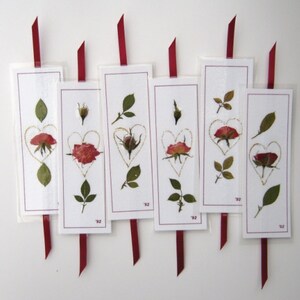 Red Rose Bookmarks, Pressed Flower Set Of 6 BookMarkers, Gold Hearts, Dried Leaves, Small Gift, Book Accessory, image 1