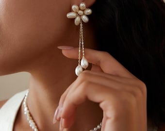 Pearl Flower Drop Earrings: 18K Gold Plated Brass, Freshwater Pearls