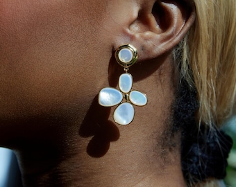 Mother-of-Pearl Clover Earrings: Pearl Studs, 18K Gold-Plated