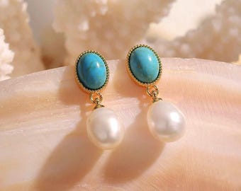 Turquoise Baroque Pearl Pendant Earrings: Modern Teardrop Studs, Bohemian Rhapsody Jewelry