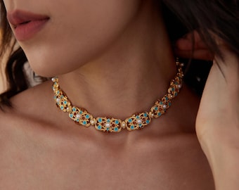 Indigo Brown Pearl Choker: Vintage Gemstone Inlaid Bridal Necklace