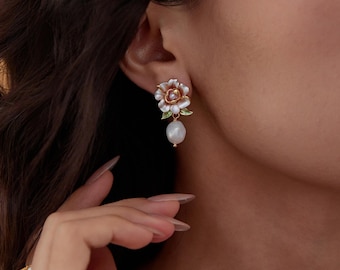 Pink Jasmine Flower Pearl Drop Earrings, 18K Gold Plated