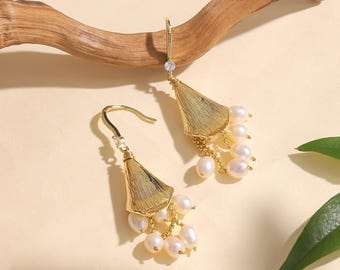 Calla Lily Pearl Drop Earrings: Elongated Floral Design with Pearl Stamen, Fringe of Pearls