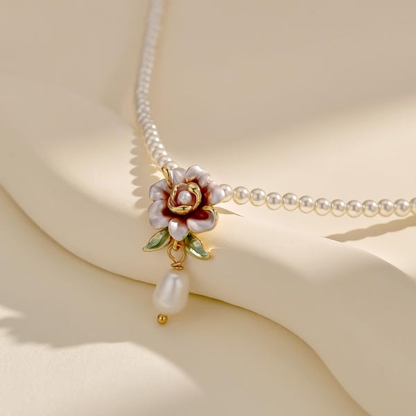 Pink Jasmine Freshwater Pearl Necklace: Floral Pendant, Gift for Bridal, Pearl Jewelry Set