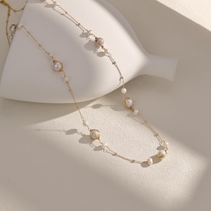 New! Multi-Strand Pearl Necklace - Freshwater Pearl - Gold Lariat Necklace - Fireball Pearl - Statement Necklace - Long Chain Necklace