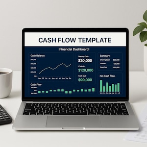 Op de afbeelding: Een zilveren laptop toont een "CASH FLOW TEMPLATE" met een financieel dashboard. Het scherm toont grafieken en financiële gegevens, waaronder kasbalans, cashflow en samenvattende informatie. Een rekenmachine en een koffiekopje staan op het witte bureau.