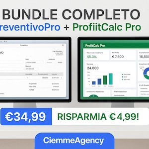 May include: Two computer monitors displaying financial software interfaces. The screens show data visualizations, charts, and numerical information. The text at the top reads "BUNDLE COMPLETO PreventivoPro + ProfiitCalc Pro". A white mouse is visible.