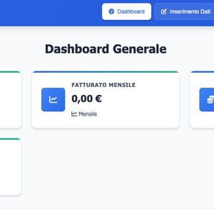 May include: A digital dashboard interface with the title "ProfitCalc Pro" at the top. The dashboard displays several data boxes with the text "Dashboard Generale", and labels such as "UTILE NETTO MENSILE" and "FATTURATO MENSILE". The values in the boxes are all "0,00 €".