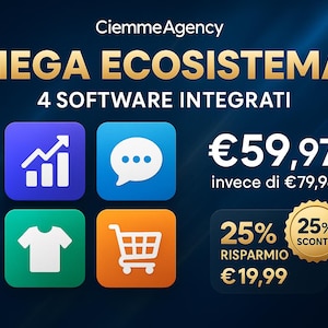 Può includere: Grafica promozionale con il testo "MEGA ECOSISTEMA" e "4 SOFTWARE INTEGRATI". Presenta icone che rappresentano le funzioni del software e un display dei prezzi. La grafica è ambientata su uno sfondo sfumato blu scuro.