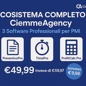 Può includere: Grafica blu scuro con il testo "ECOSISTEMA COMPLETO CiemmeAgency" e "3 Software Professionali per PMI". Tre icone rappresentano software: PreventivoPro, TimePro e ProfitCalc Pro. Il prezzo è di €49,99.