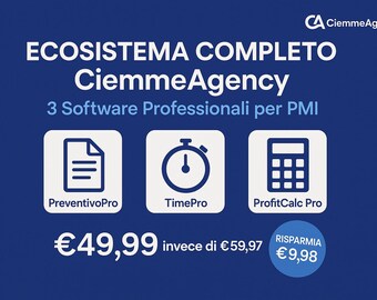 May include: A dark blue graphic with the text "ECOSISTEMA COMPLETO CiemmeAgency" and "3 Software Professionali per PMI." Three icons represent software: PreventivoPro, TimePro, and ProfitCalc Pro. The price is €49.99.