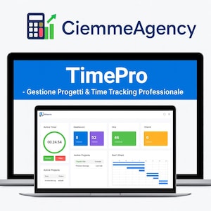 以下が含まれることがあります： プロジェクト管理ソフトウェアのインターフェースを表示する2台のラップトップ。 TimeProというソフトウェアは、タイマー、ダッシュボードメトリクス、プロジェクトタイムラインを表示します。 CiemmeAgencyのロゴが上部にあります。