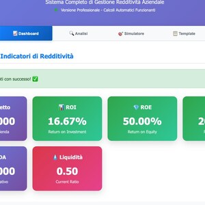 Può includere: Un'interfaccia dashboard che mostra indicatori di performance finanziaria. Le metriche chiave includono Utile Netto (€100.000), ROI (16,67%), ROE (50,00%) e ROS (20,00%). L'interfaccia è intitolata "Indicatori di redditività del dashboard".