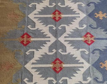Handwoven Wool Jute Kilim Rug, Traditional Indian Design