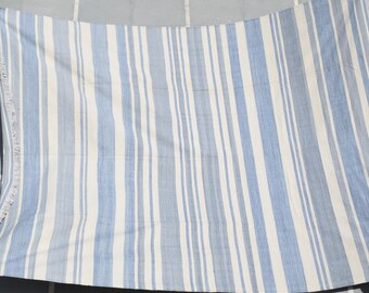 May include: A rectangular, striped textile in shades of blue and white. The textile is held up by people, showcasing its full length. The stripes run vertically, creating a simple yet elegant design. The edges have a fringed detail.