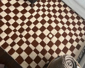 Custom Moroccan Beni Ourain Rug, Brown Checkerboard Area Rug 9x11, Hand-Knotted Wool Rug, Minimalist Geometric Carpet