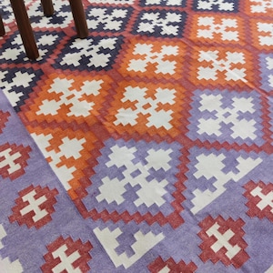 Modern Handmade Cotton Area Rug, Geometric Multicolor Natural Vegetable Dyed Eco Friendly Wall Tapestry, Indian Dhurrie Reversible Rug